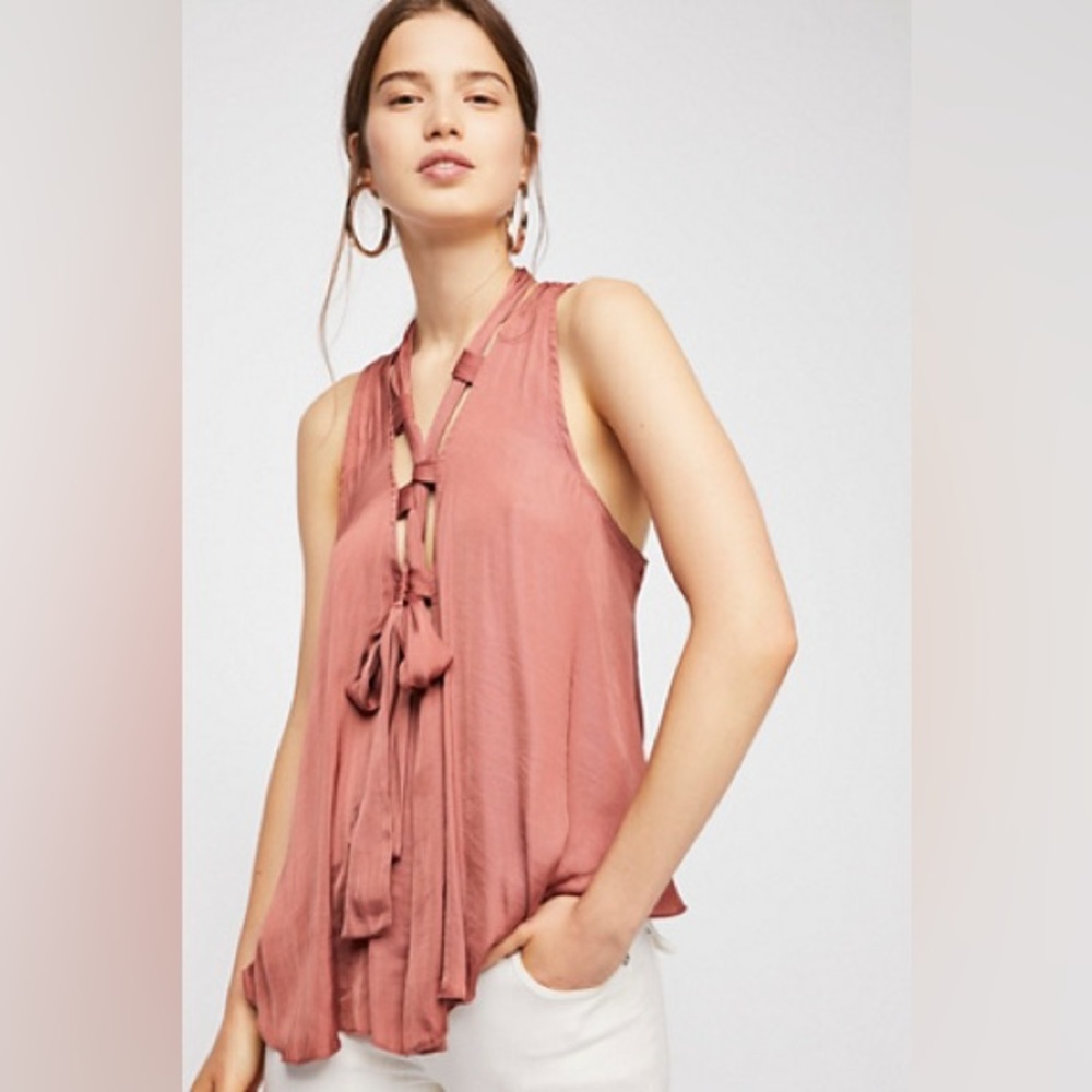 Free People Here With Me Cami - silky flowy top with lace up plunging neckline